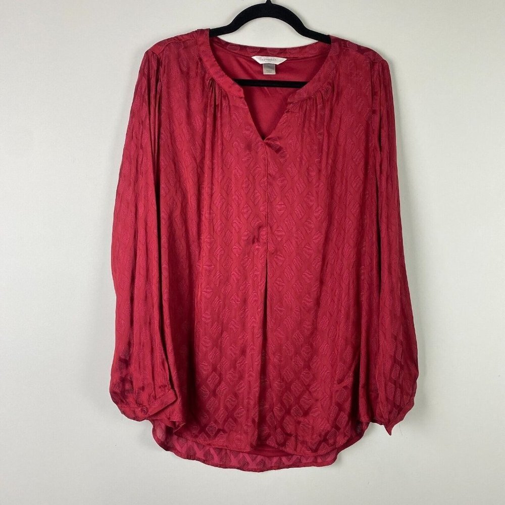 CJ Banks Popover Satin Blouse Womens 1X Red Split Neck Long Sleeve